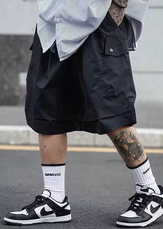 Black Pockets Elastic Waist Cotton Shorts Summer