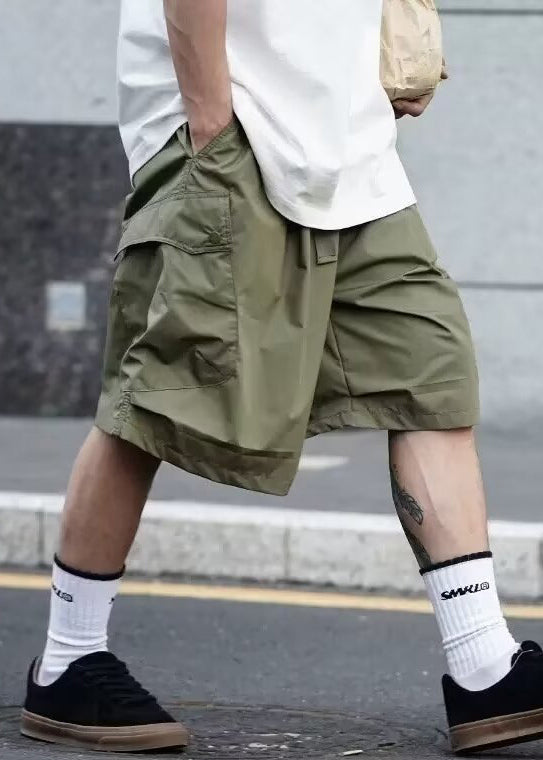 Black Pockets Elastic Waist Cotton Shorts Summer