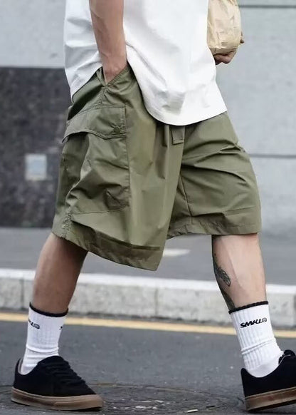 Black Pockets Elastic Waist Cotton Shorts Summer