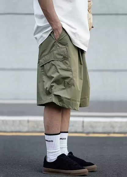 Black Pockets Elastic Waist Cotton Shorts Summer