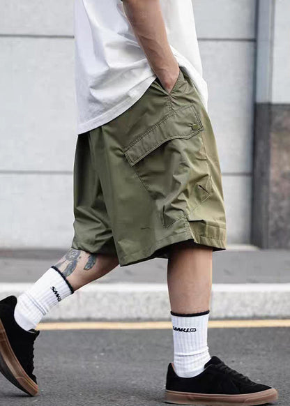 Black Pockets Elastic Waist Cotton Shorts Summer