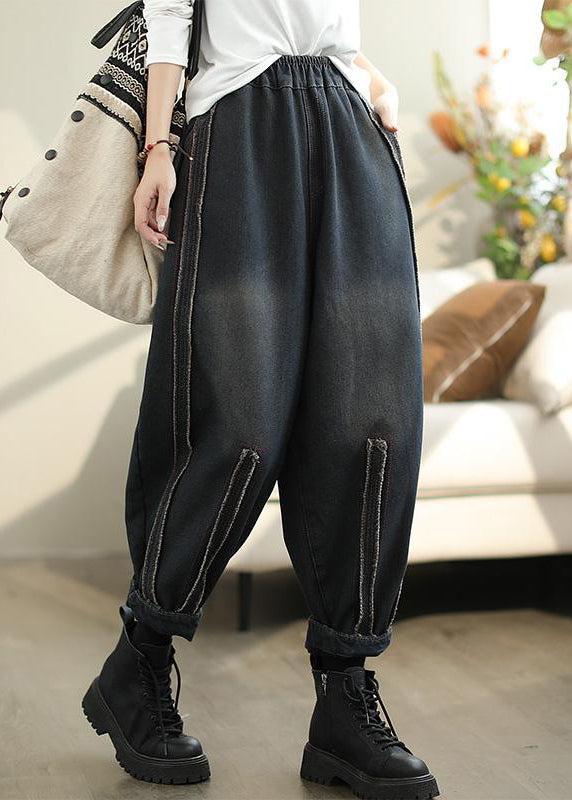 Black Pockets Elastic Waist Warm Fleece Pants Spring