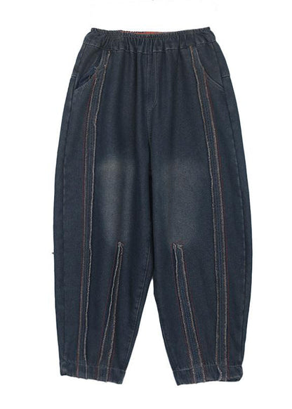 Black Pockets Elastic Waist Warm Fleece Pants Spring