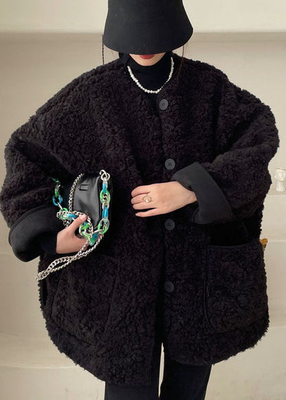 Black Pockets Faux Fur Jacket Winter