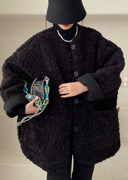 Black Pockets Faux Fur Jacket Winter