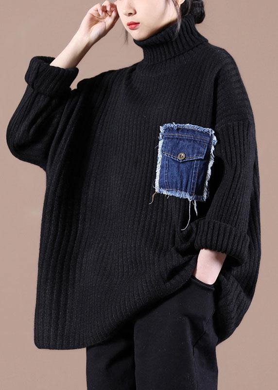 Black Pockets High Neck Fall Knit Top