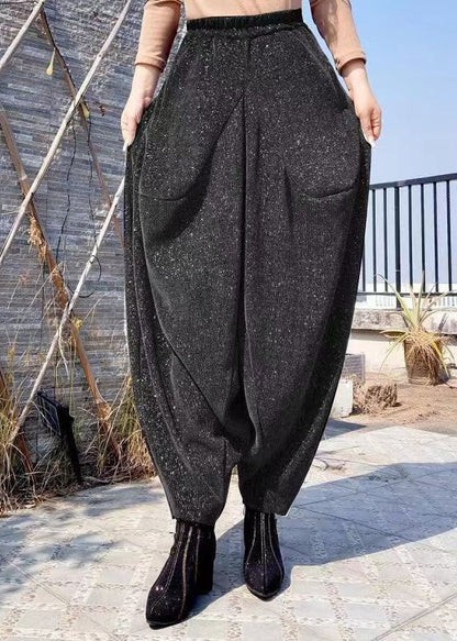 Black Pockets High Waist Cotton Lantern Pants Spring