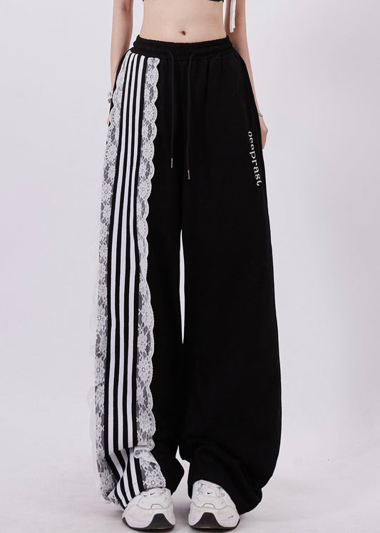 Black Pockets High Waist Lace Up Patchwork Pants Summer