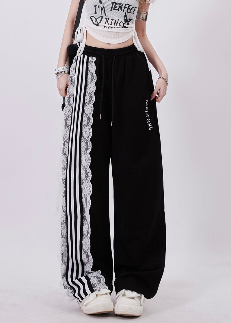 Black Pockets High Waist Lace Up Patchwork Pants Summer