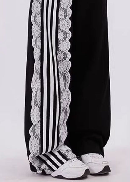 Black Pockets High Waist Lace Up Patchwork Pants Summer