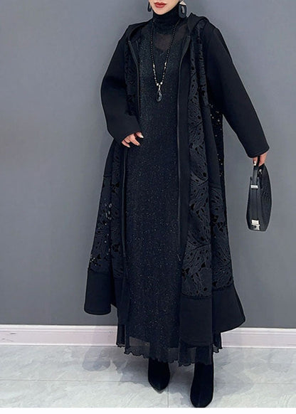 Black Pockets Hollow Out Maxi Hooded Trench Coats Long Sleeve
