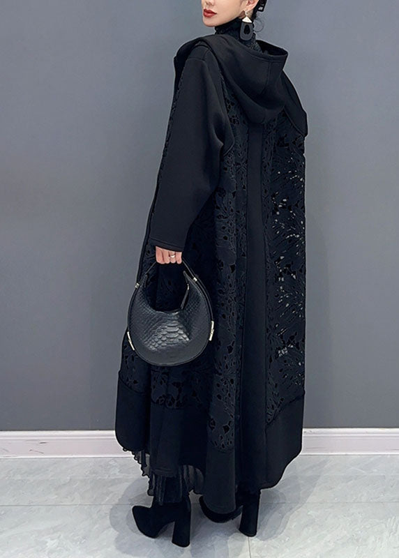 Black Pockets Hollow Out Maxi Hooded Trench Coats Long Sleeve