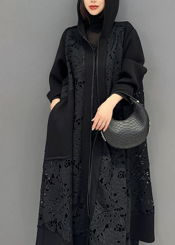 Black Pockets Hollow Out Maxi Hooded Trench Coats Long Sleeve
