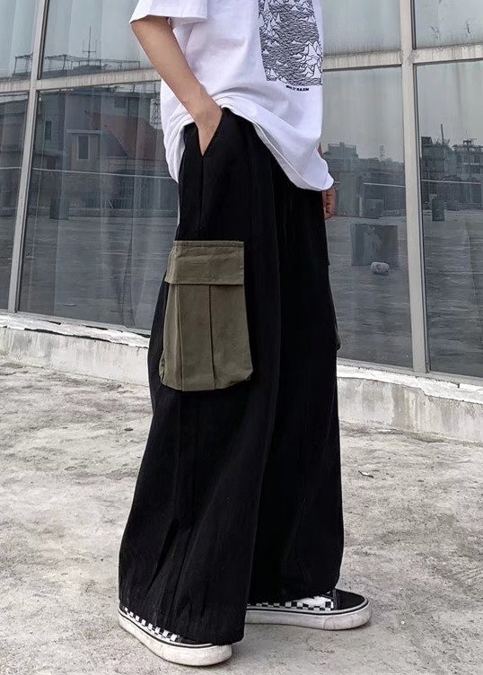 Black Pockets Patchwork Cotton Wide Leg Pants Summer