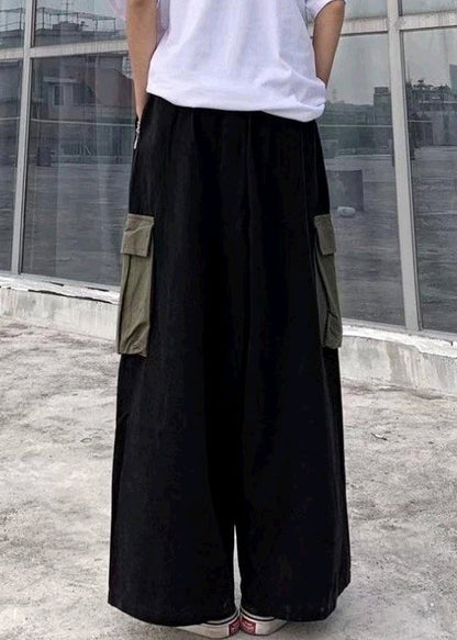 Black Pockets Patchwork Cotton Wide Leg Pants Summer