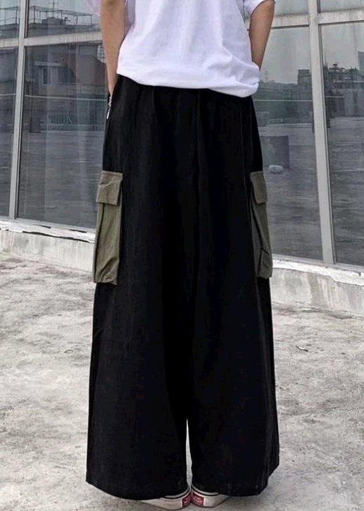 Black Pockets Patchwork Cotton Wide Leg Pants Summer