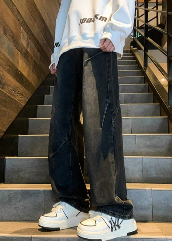 Black Pockets Patchwork Denim Pants Fall