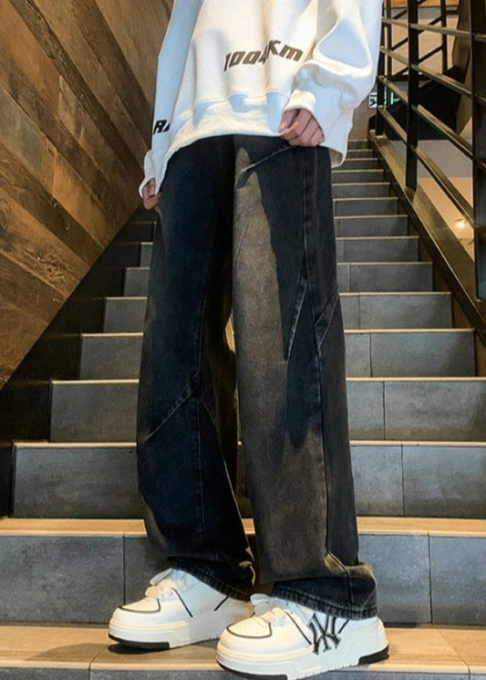 Black Pockets Patchwork Denim Pants Fall