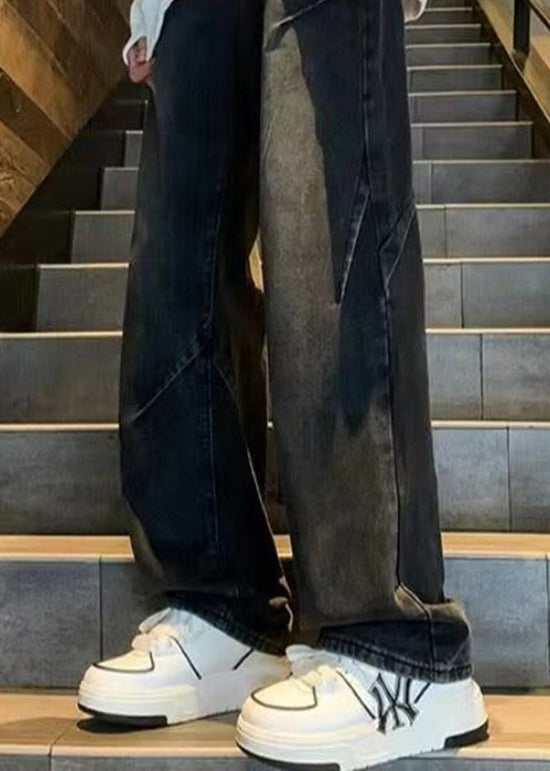 Black Pockets Patchwork Denim Pants Fall