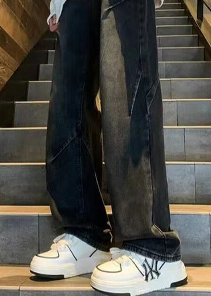 Black Pockets Patchwork Denim Pants Fall