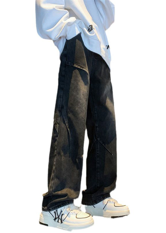 Black Pockets Patchwork Denim Pants Fall
