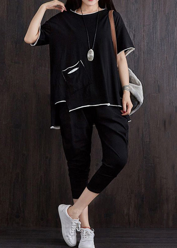 Black Pockets Patchwork Tops and Pants Cotton Two Piece Suit Set Summer