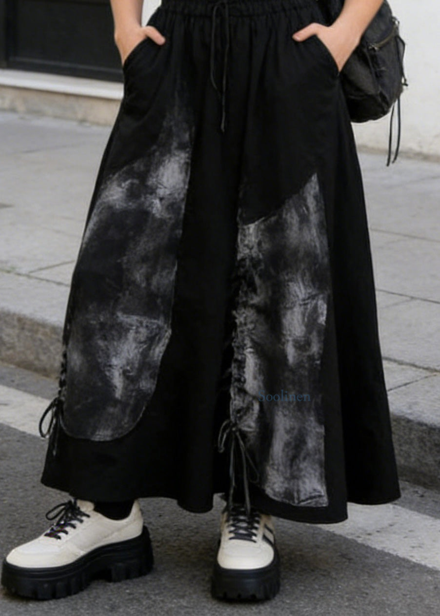 Black Pockets Print Drawstring Cotton Skirt Summer