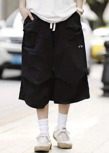 Black Pockets Elastic Waist Cotton Crop Pants Summer