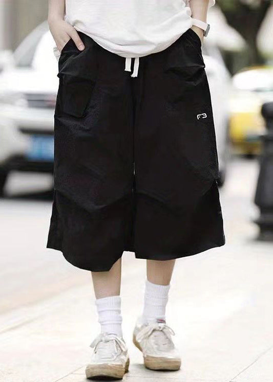 Black Pockets Elastic Waist Cotton Crop Pants Summer