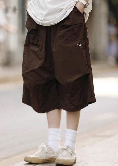 Black Pockets Elastic Waist Cotton Crop Pants Summer