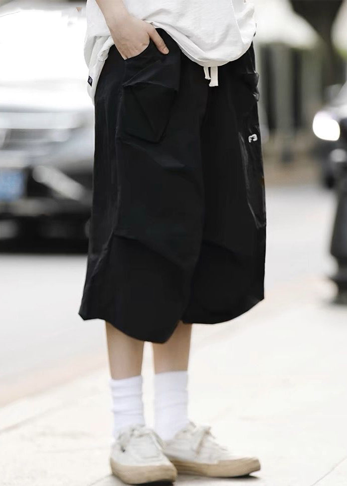 Black Pockets Elastic Waist Cotton Crop Pants Summer