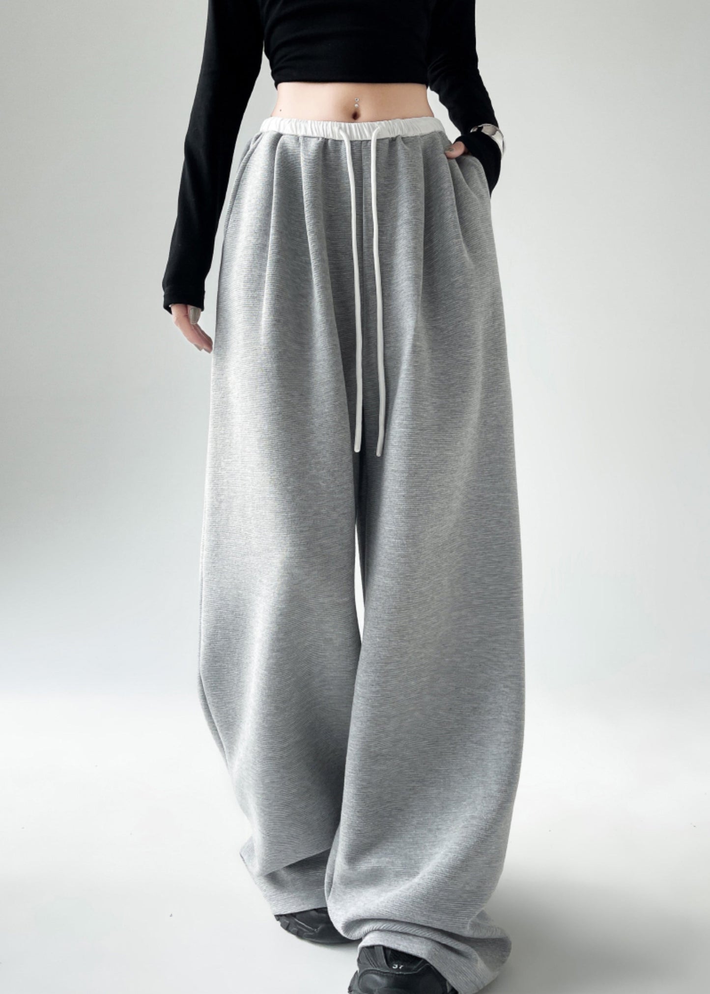 Black Pockets Tie Waist Wide Leg Pants Spring