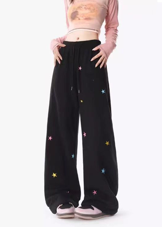 Black Pockets Tiny Spot Print Drawstring Cotton Wide Leg Pants Spring