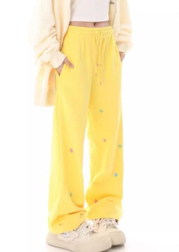 Black Pockets Tiny Spot Print Drawstring Cotton Wide Leg Pants Spring