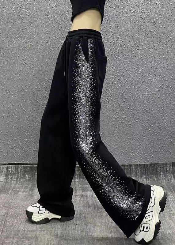 Black Pockets Zircon Elastic Waist Cotton Pants Spring