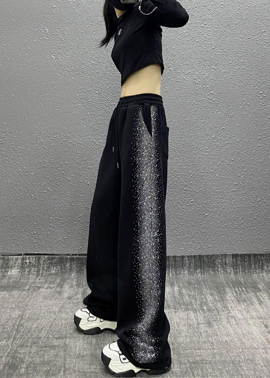 Black Pockets Zircon Elastic Waist Cotton Pants Spring