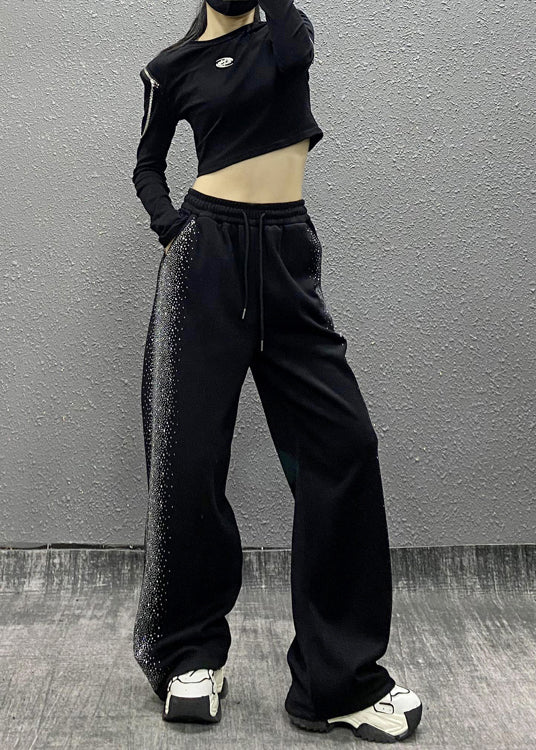 Black Pockets Zircon Elastic Waist Cotton Pants Spring