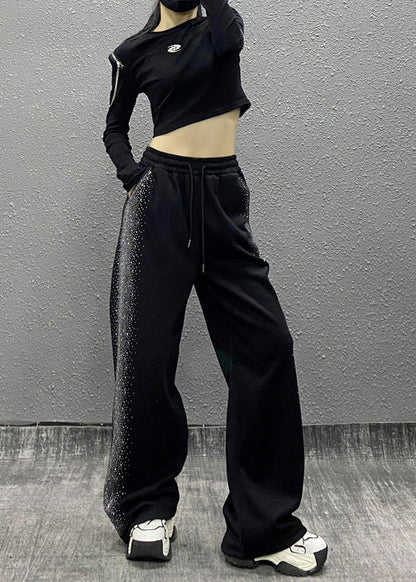 Black Pockets Zircon Elastic Waist Cotton Pants Spring
