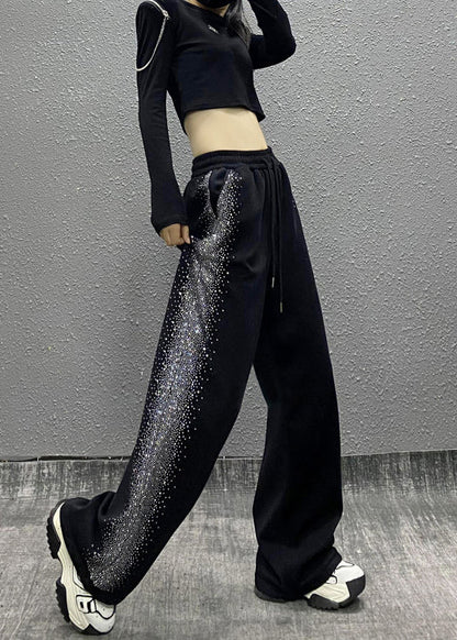 Black Pockets Zircon Elastic Waist Cotton Pants Spring