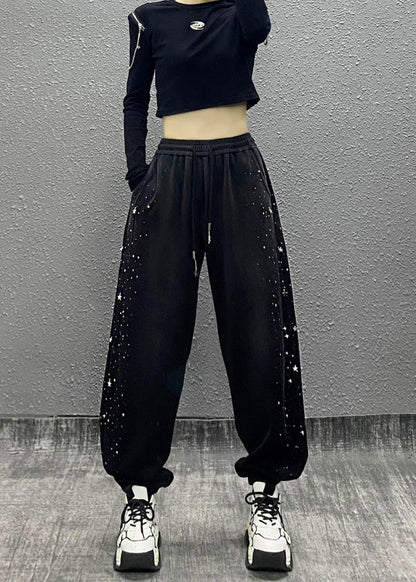 Black Pockets Zircon Warm Fleece Sport Pants Fall