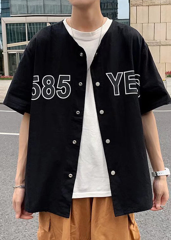 Black Print Button Cotton Shirts Summer