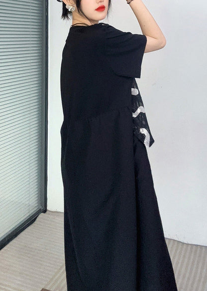 Black Print Button Fake Two Pieces Long Dress Short Sleeve