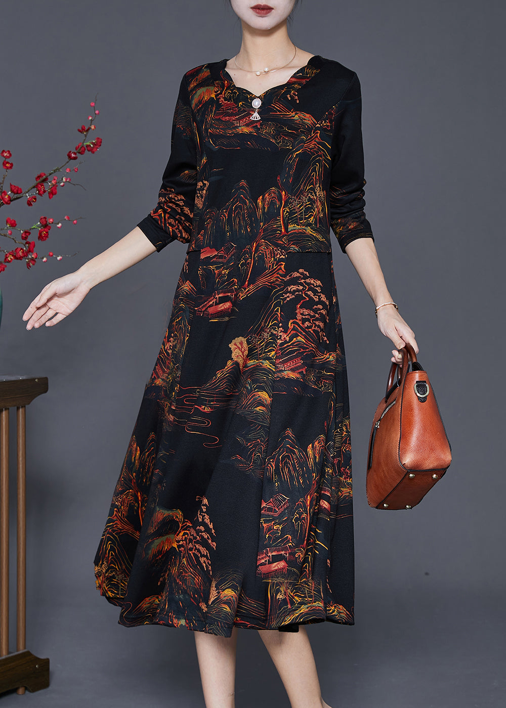 Black Print Exra Large Hem Cotton Maxi Dress Fall