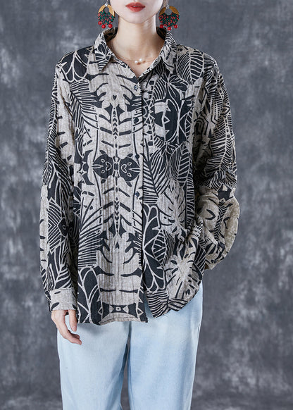 Casual Black Print Oversized Linen Shirt Summer