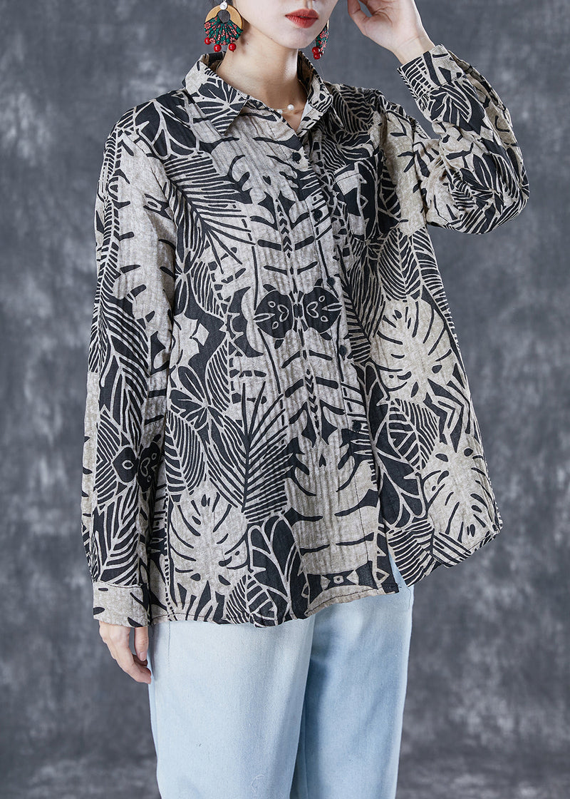 Black Print Oversized Linen Shirt Summer