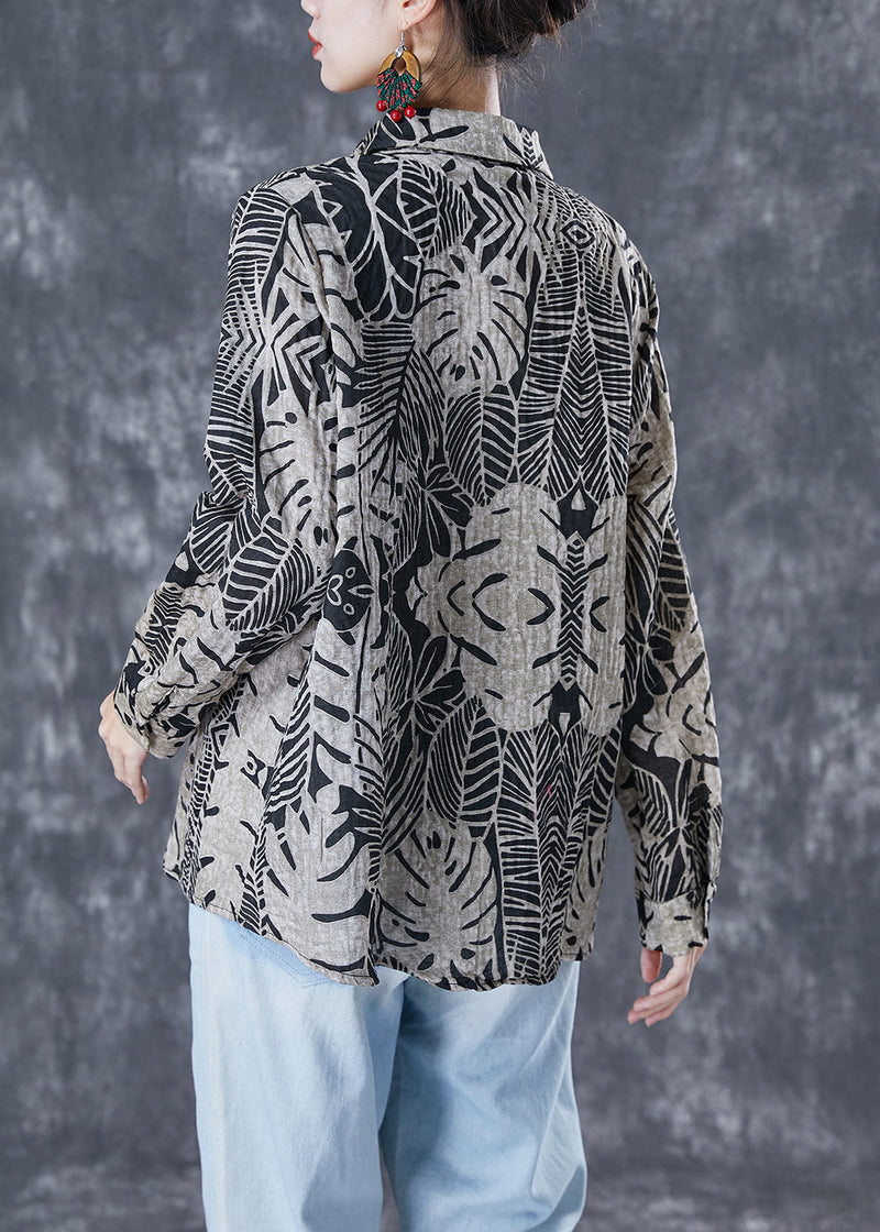 Black Print Oversized Linen Shirt Summer