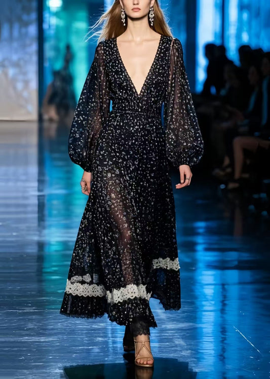 Black Print Patchwork Lace Chiffon Long Dresses Summer