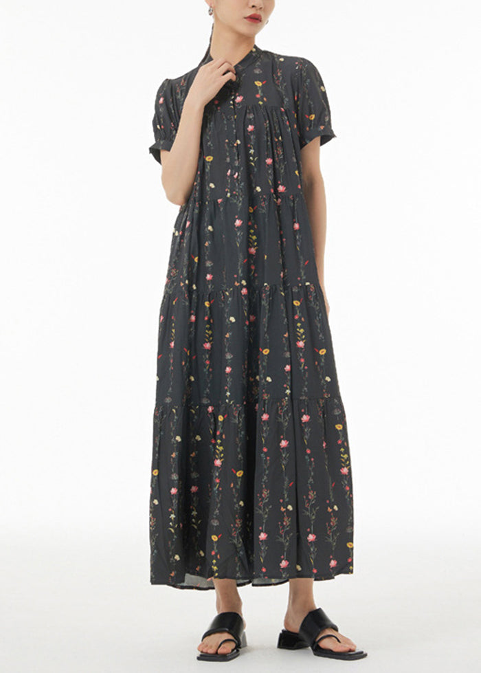 Black Print Patchwork Wrinkled Cotton Maxi Dresses Summer