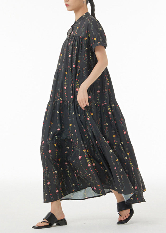 Black Print Patchwork Wrinkled Cotton Maxi Dresses Summer