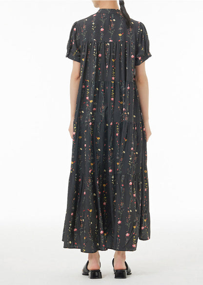 Black Print Patchwork Wrinkled Cotton Maxi Dresses Summer